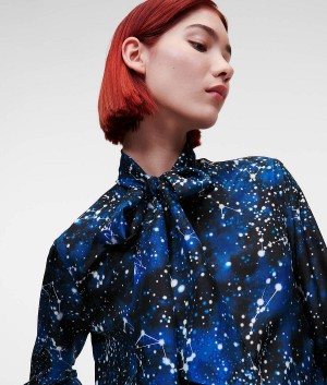 Blouses Damskie Karl Lagerfeld GALAXY-PRINT SILK Niebieskie | PL OR3171