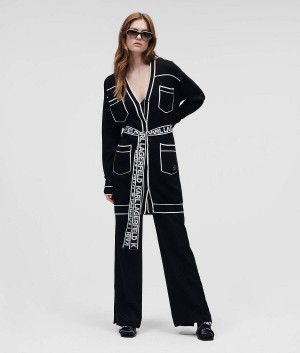 Dzianina Damskie Karl Lagerfeld LOGO BELTED CARDIGAN Czarne Białe | PL UT2934