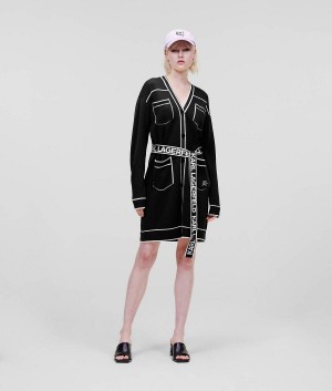 Dzianina Damskie Karl Lagerfeld LOGO BELTED CARDIGAN Czarne Białe | PL QZ2940