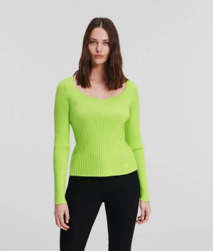 Dzianina Damskie Karl Lagerfeld LONG-SLEEVED RIB KNIT TOP Zielone | PL QZ2922