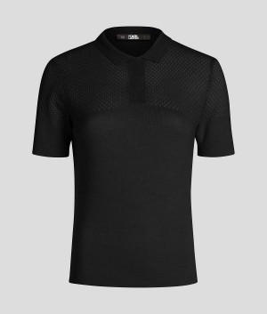 Dzianina Damskie Karl Lagerfeld POINTELLE KNITTED POLO Czarne | PL FM2953