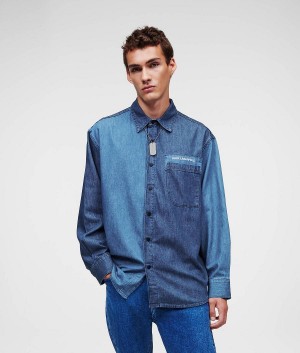 Koszule Męskie Karl Lagerfeld COLOR BLOCK DENIM Niebieskie | PL CE3709