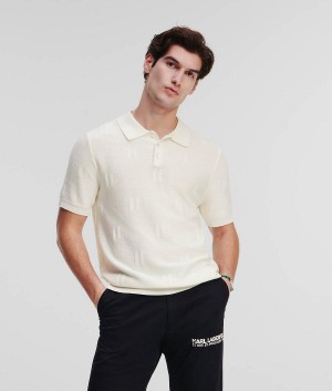 Koszule Męskie Karl Lagerfeld KL MONOGRAM KNITTED POLO Białe | PL WY3678