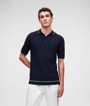 Koszule Męskie Karl Lagerfeld KL MONOGRAM KNITTED POLO Granatowe | PL VD3708