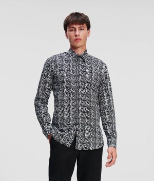 Koszule Męskie Karl Lagerfeld Modern Fit Patterned Czarne Białe | PL DN3692