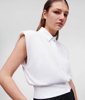 T-Shirts Damskie Karl Lagerfeld CROPPED SLEEVELESS WITH SHOULDER PADS Białe | PL EX2725