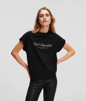 T-Shirts Damskie Karl Lagerfeld HOTEL HIGH-NECK Czarne | PL CE2732