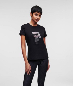 T-Shirts Damskie Karl Lagerfeld IKONIK RHINESTONE Czarne | PL HK2693