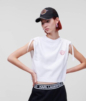 T-Shirts Damskie Karl Lagerfeld RUE ST-GUILLAUME LOGO TAPE CROPPED Białe | PL UT2703