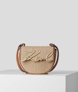 Torba Crossbody Damskie Karl Lagerfeld K/SIGNATURE SMALL RAFFIA SADDLE Beżowe Brązowe | PL NB2535