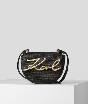 Torba Crossbody Damskie Karl Lagerfeld K/SIGNATURE SMALL RAFFIA SADDLE Czarne | PL PQ2550