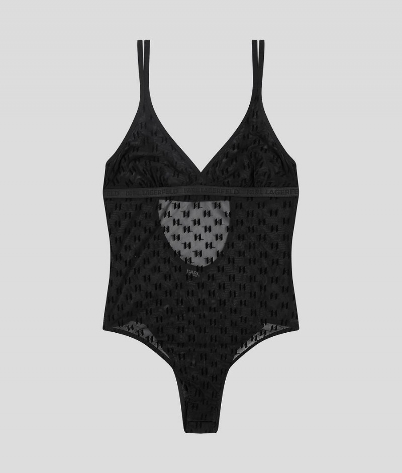 Bielizny Damskie Karl Lagerfeld KL MONOGRAM BODYSUIT Czarne | PL JJ2621