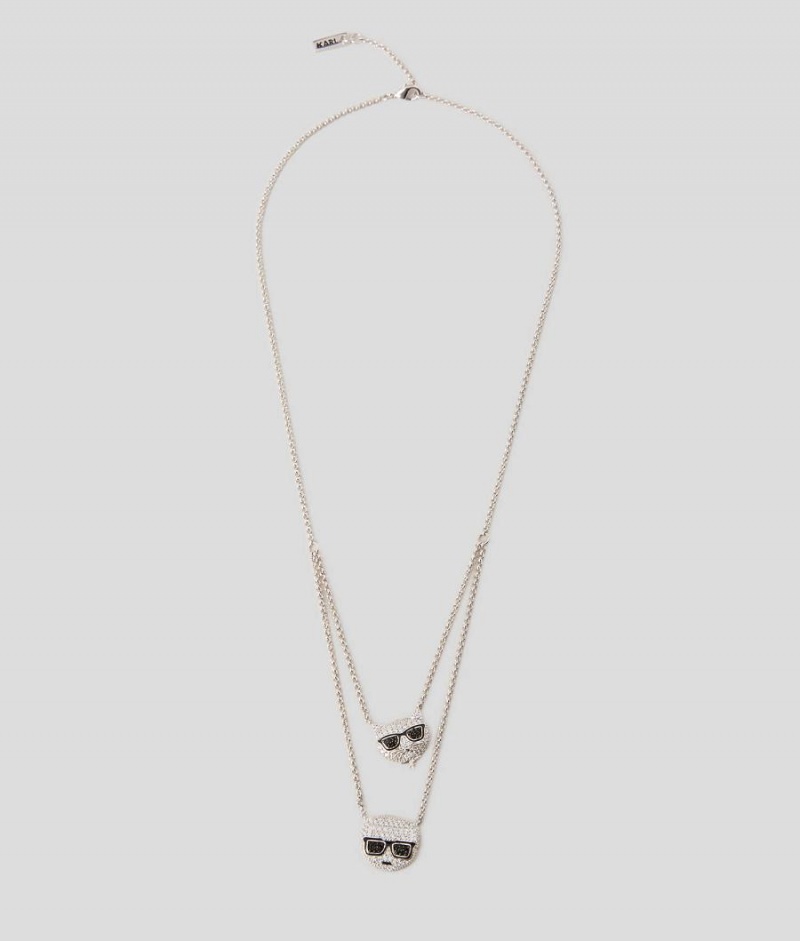 Biżuteria Damskie Karl Lagerfeld K/IKONIK PAVE DOUBLE PENDANT NECKLACE Srebrne | PL QZ2104