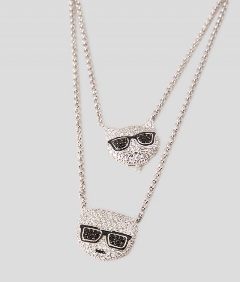 Biżuteria Damskie Karl Lagerfeld K/IKONIK PAVE DOUBLE PENDANT NECKLACE Srebrne | PL QZ2104