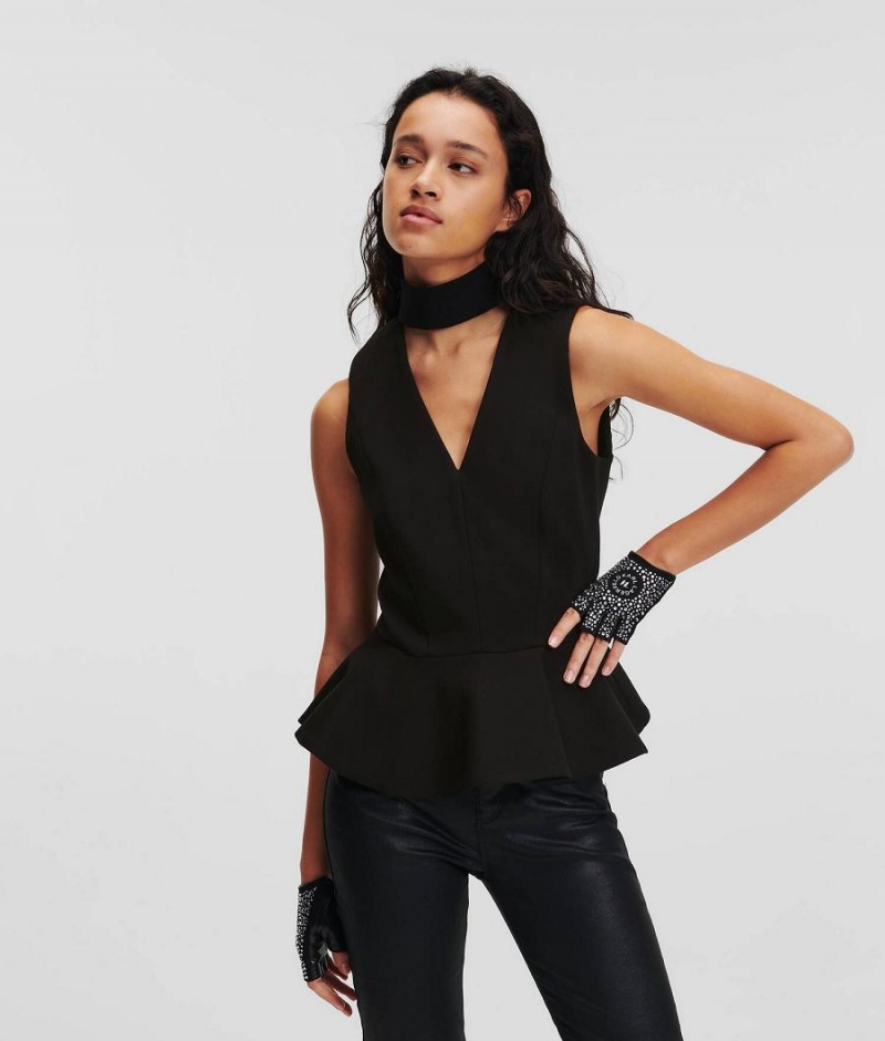 Blouses Damskie Karl Lagerfeld CUT-OUT PEPLUM TOP Czarne | PL GL3192