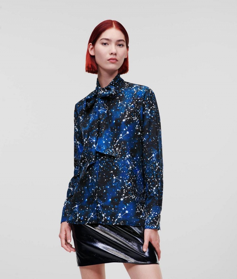 Blouses Damskie Karl Lagerfeld GALAXY-PRINT SILK Niebieskie | PL OR3171