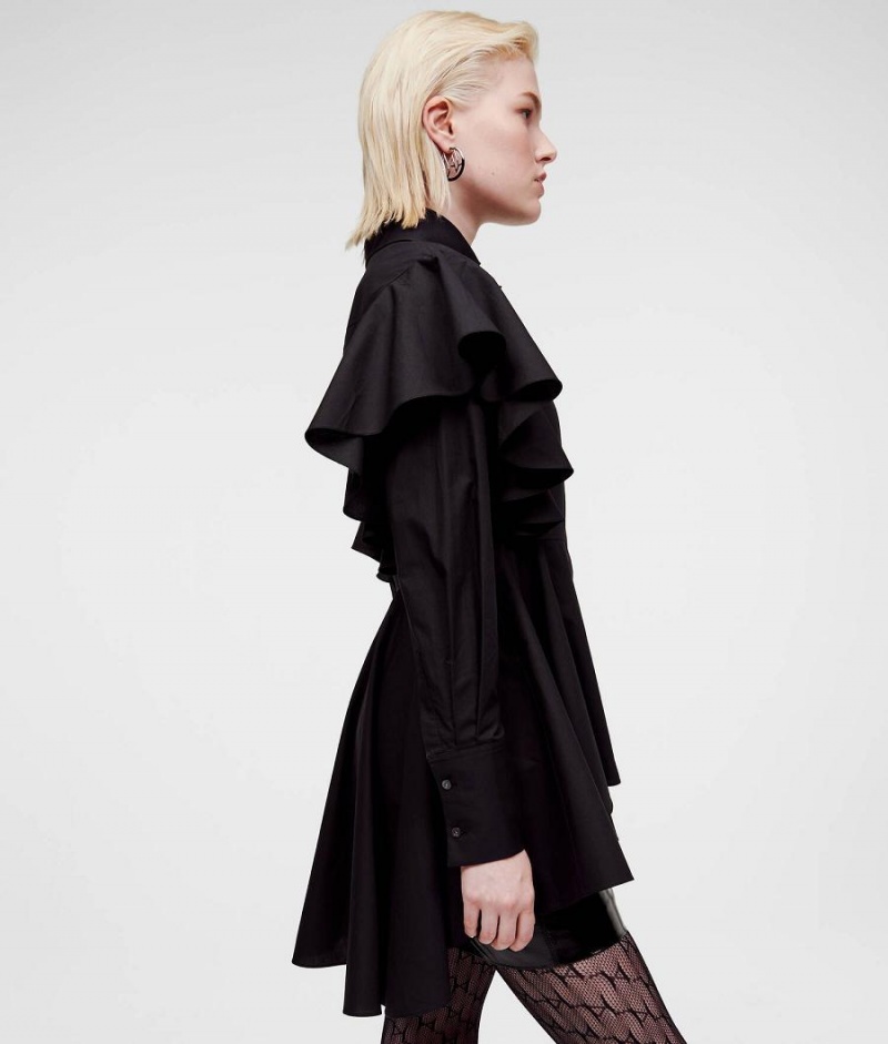 Blouses Damskie Karl Lagerfeld RUFFLE DETAIL POPLIN HANDPICKED BY HUN KIM Czarne | PL KI3188