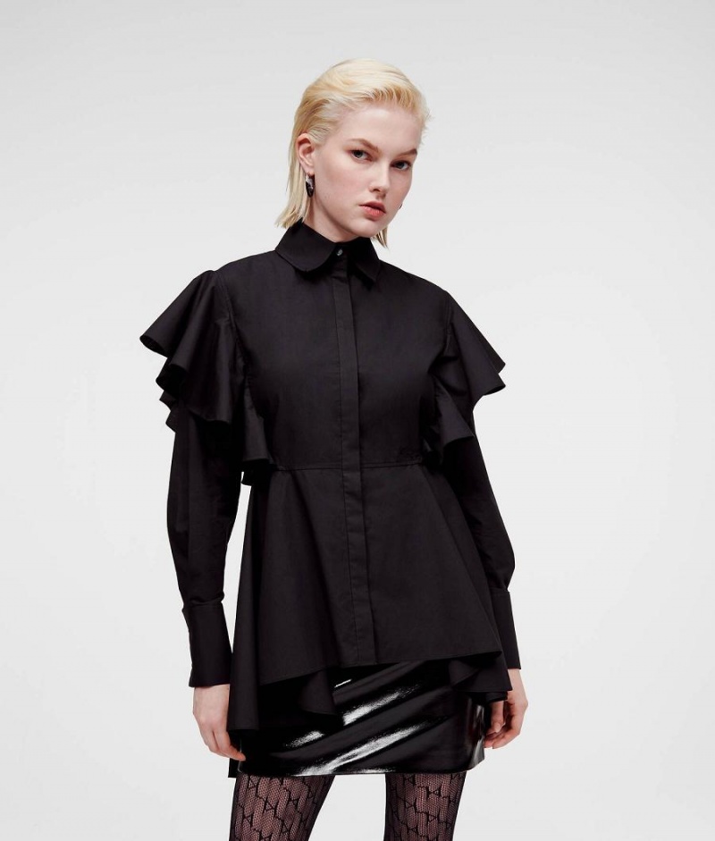 Blouses Damskie Karl Lagerfeld RUFFLE DETAIL POPLIN HANDPICKED BY HUN KIM Czarne | PL KI3188