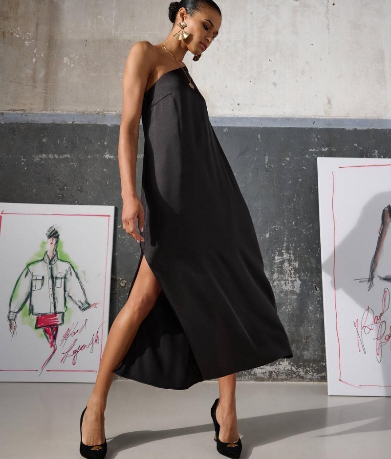 Dresses Damskie Karl Lagerfeld ONE-SHOULDER DRAPED SATIN Czarne | PL QZ3064