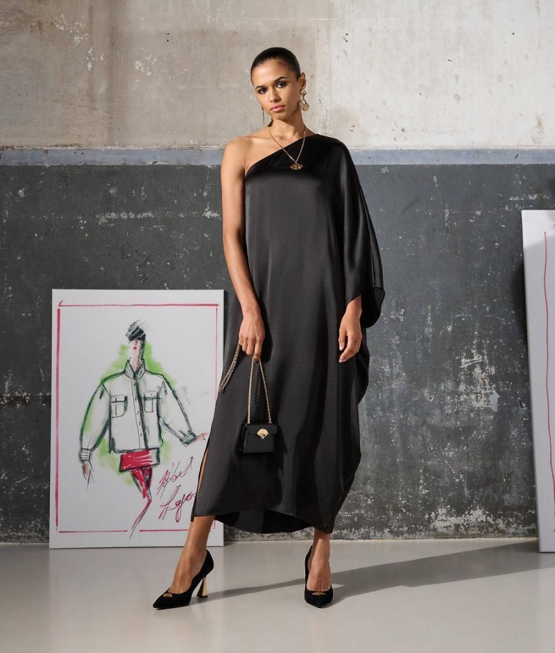 Dresses Damskie Karl Lagerfeld ONE-SHOULDER DRAPED SATIN Czarne | PL QZ3064