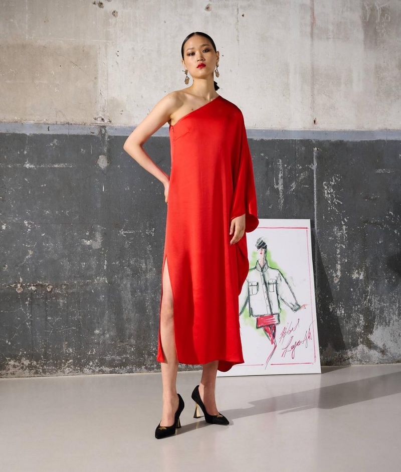 Dresses Damskie Karl Lagerfeld ONE-SHOULDER DRAPED SATIN Czerwone | PL IS3075