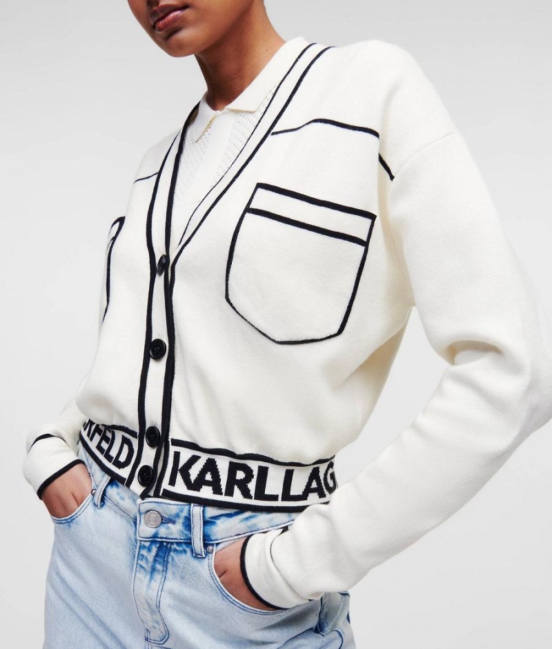 Dzianina Damskie Karl Lagerfeld CROPPED LOGO CARDIGAN Białe Czarne | PL YU2935