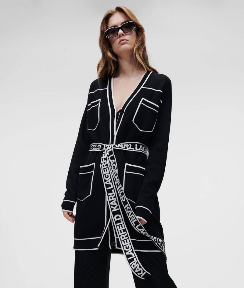 Dzianina Damskie Karl Lagerfeld LOGO BELTED CARDIGAN Czarne Białe | PL UT2934