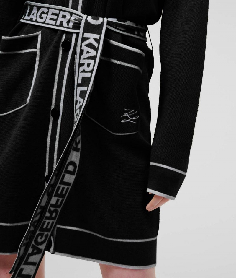 Dzianina Damskie Karl Lagerfeld LOGO BELTED CARDIGAN Czarne Białe | PL QZ2940