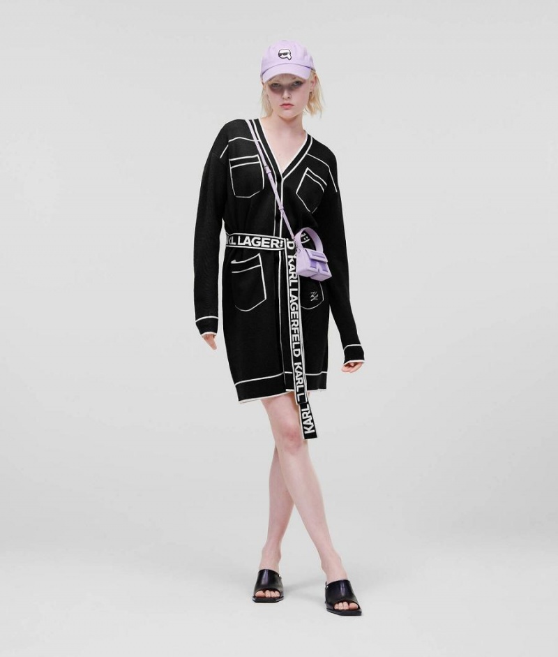 Dzianina Damskie Karl Lagerfeld LOGO BELTED CARDIGAN Czarne Białe | PL QZ2940