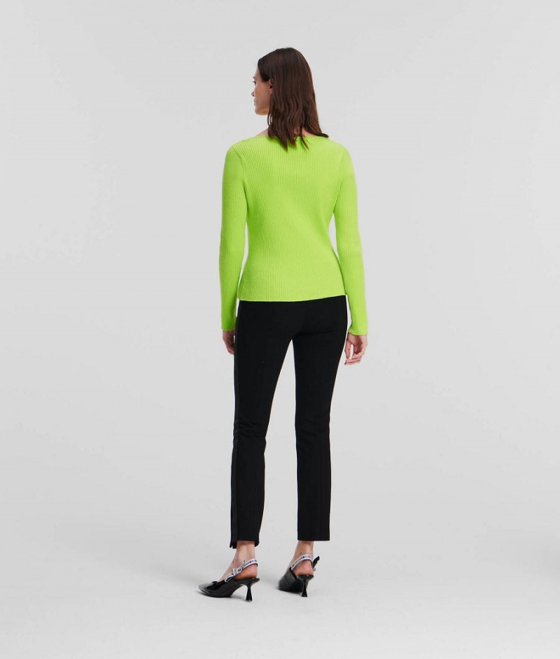 Dzianina Damskie Karl Lagerfeld LONG-SLEEVED RIB KNIT TOP Zielone | PL QZ2922