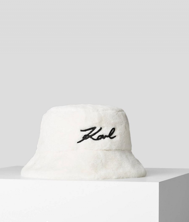 Kapelusz Damskie Karl Lagerfeld K/SIGNATURE FAUX-FUR BUCKET Białe | PL GL2222