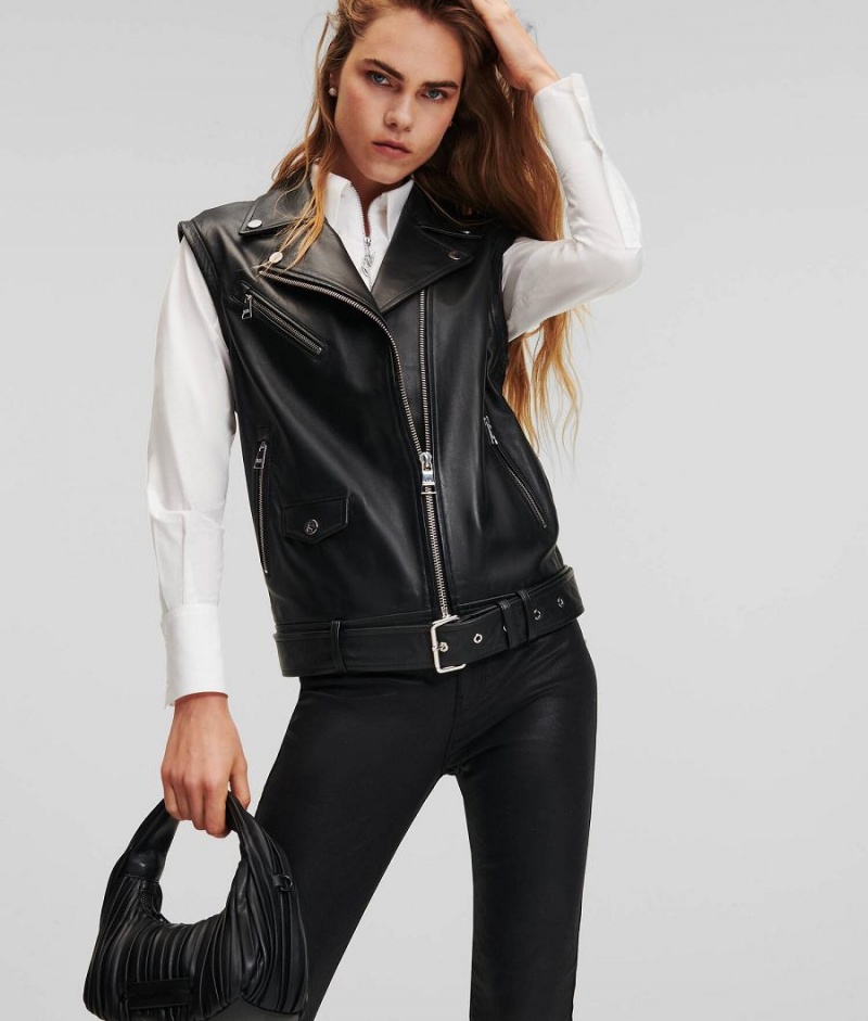 Kurtki Damskie Karl Lagerfeld LEATHER BIKER Czarne | PL KI3020