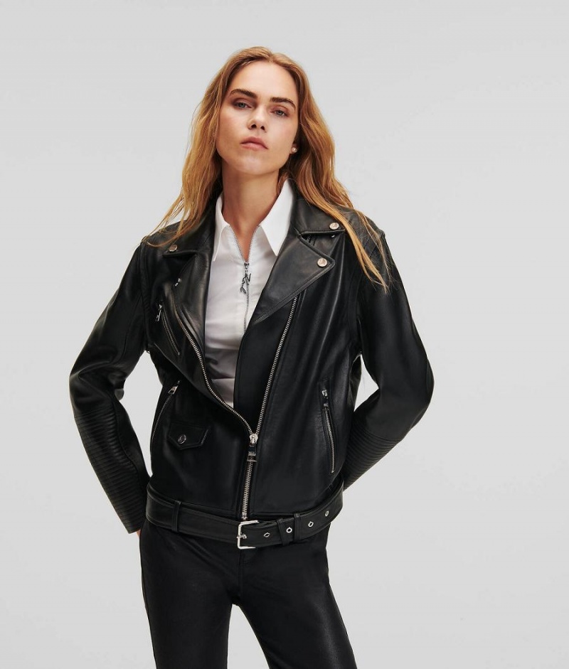 Kurtki Damskie Karl Lagerfeld LEATHER BIKER Czarne | PL KI3020