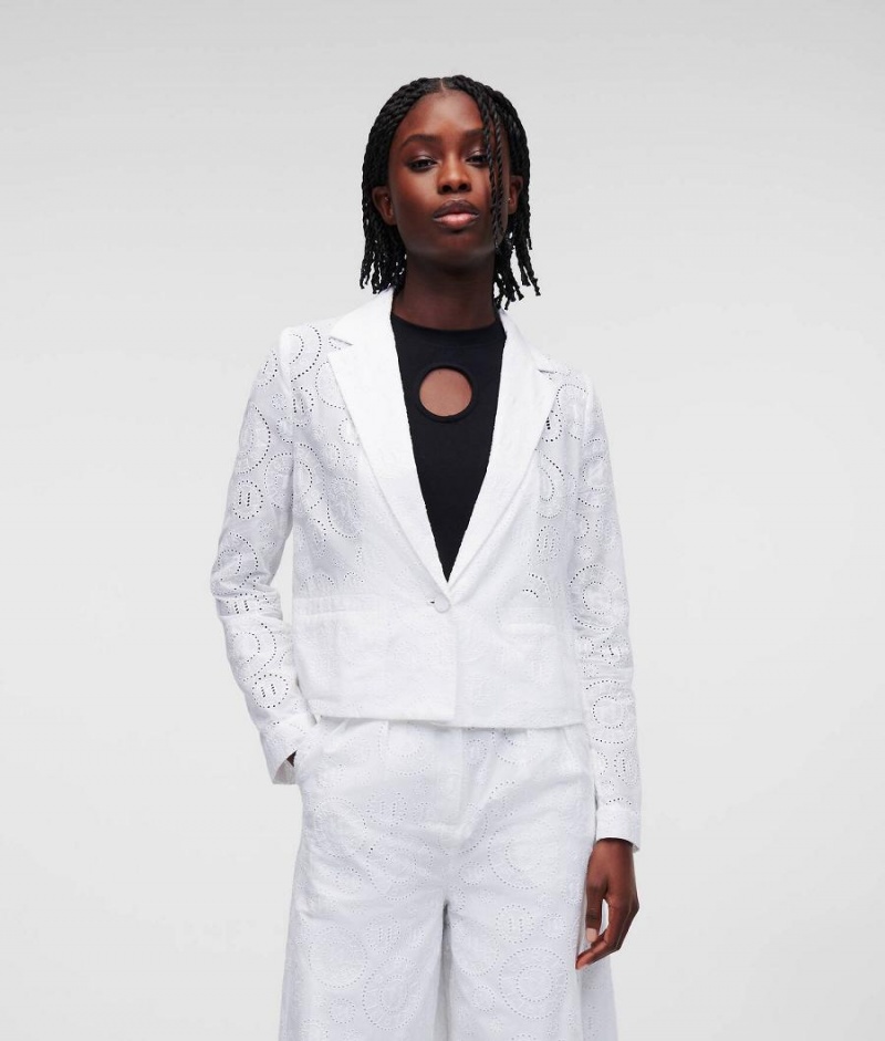 Płaszcze Damskie Karl Lagerfeld BRODERIE ANGLAISE CROPPED BLAZER Białe | PL AP3098