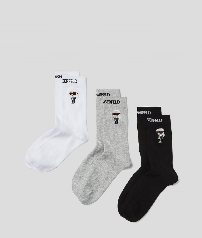 Skarpetki Damskie Karl Lagerfeld K/Ikonik Socks 3 Pack Czarne Białe Szare | PL CE2616