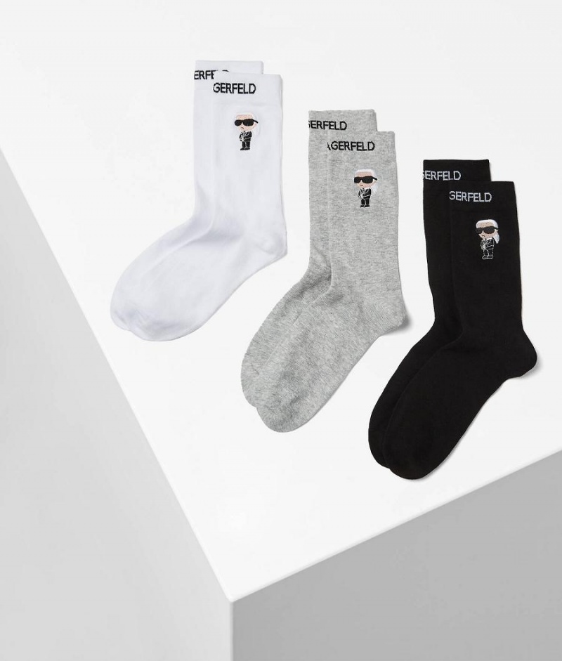 Skarpetki Damskie Karl Lagerfeld K/Ikonik Socks 3 Pack Czarne Białe Szare | PL CE2616