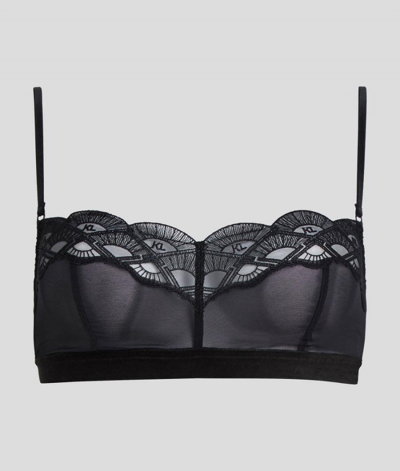 Staniki Damskie Karl Lagerfeld FAN-EMBROIDERED BRALETTE Czarne | PL DN3141