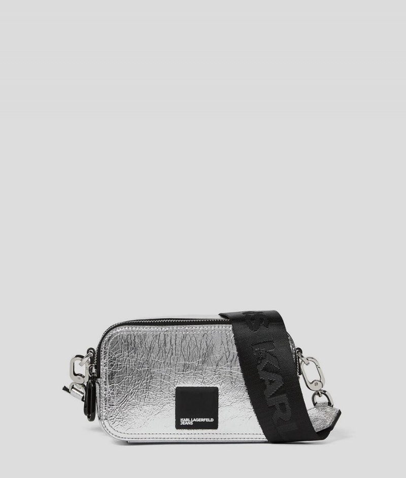 Torba Crossbody Damskie Karl Lagerfeld KLJ LOGO PATCH METALLIC CAMERA Srebrne | PL PQ2576