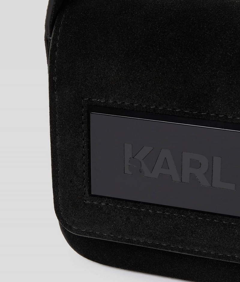 Torba na Ramię Damskie Karl Lagerfeld IKON K SUEDE FLAP Czarne | PL VD2433